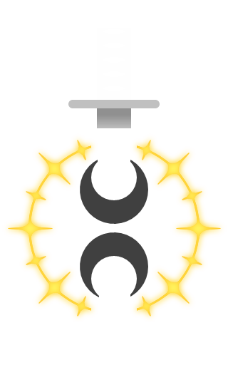a white tanto knife with a blade framed by two darkened crescent moons. one is pointed up, the other pointed down. all are surrounded by a glowing golden ring of stars